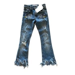ZARA TRAFALUC New Jeans w/Embroidered Flowers and Frayed Ankles, Size US 0